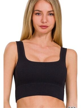 Zenana Ribbed Square Neck Cropped Tank Top with Bra Pads Black S/M NEW